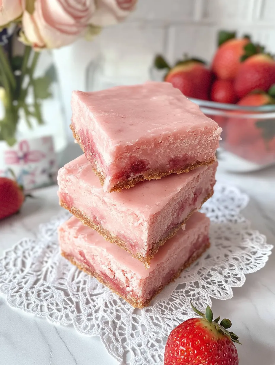 A stack of three pink cakes with strawberries on top.