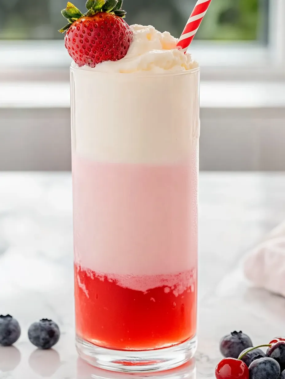 A glass of pink and red drink with a strawberry on top.