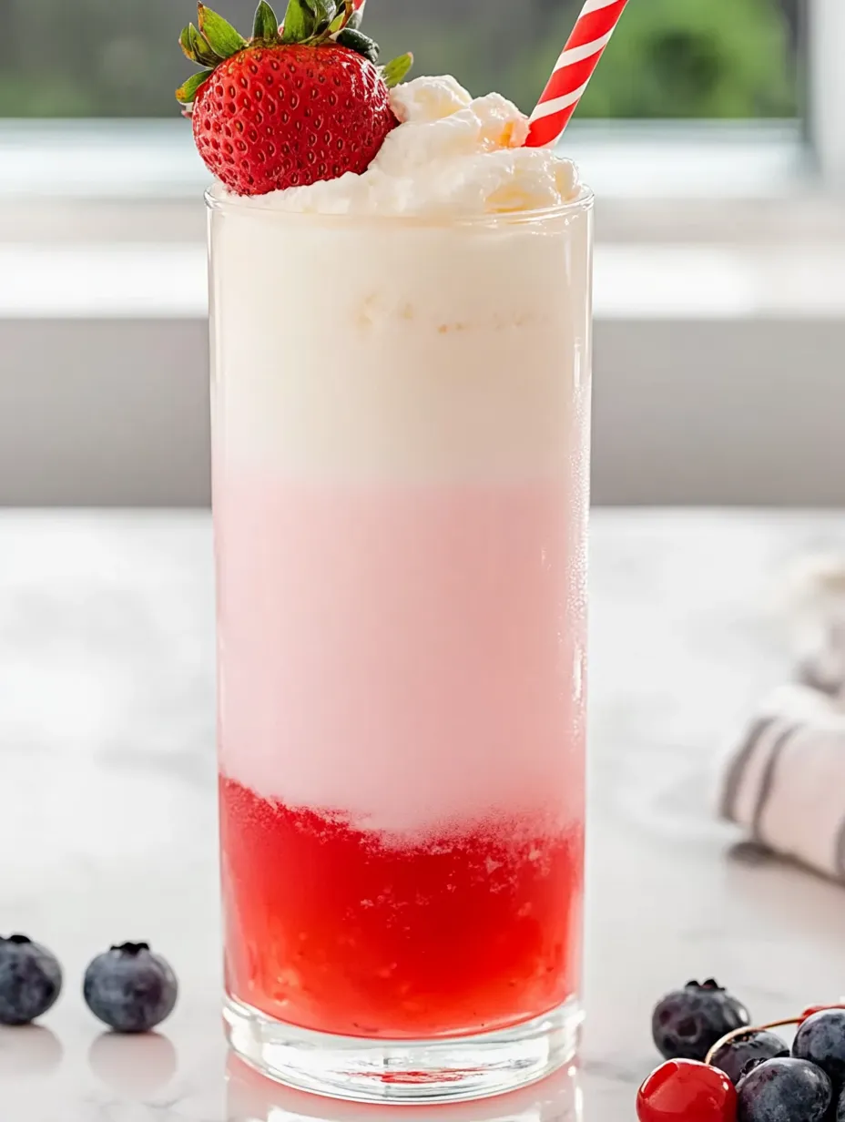 A glass of red and white drink with a strawberry on top.