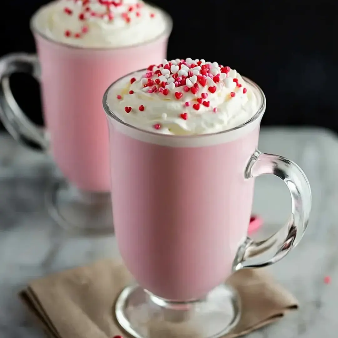 Two glasses of pink milk with red sprinkles on top.