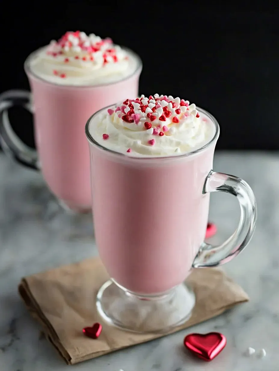 Two glasses of pink milk with red sprinkles on top.