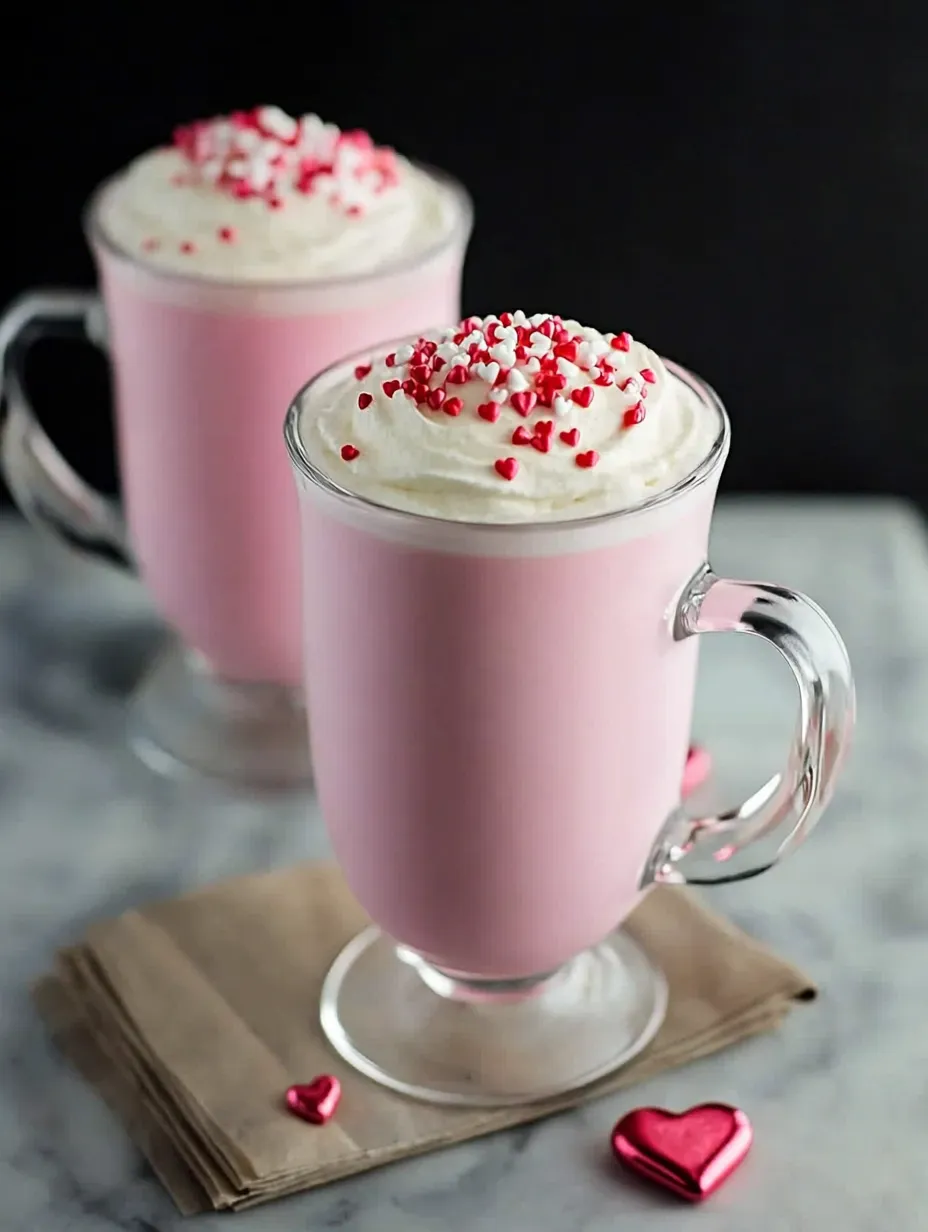 Two glasses of pink milk with red sprinkles on a table.