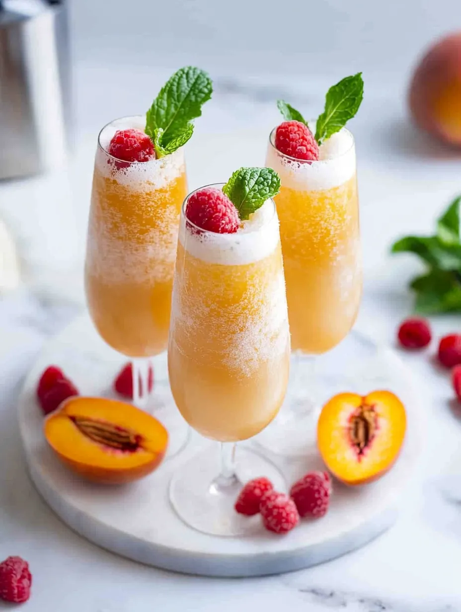 Three glasses of peach juice with raspberry garnishes on a white plate.