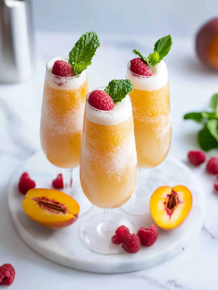 Three glasses of peach juice with raspberries on top.