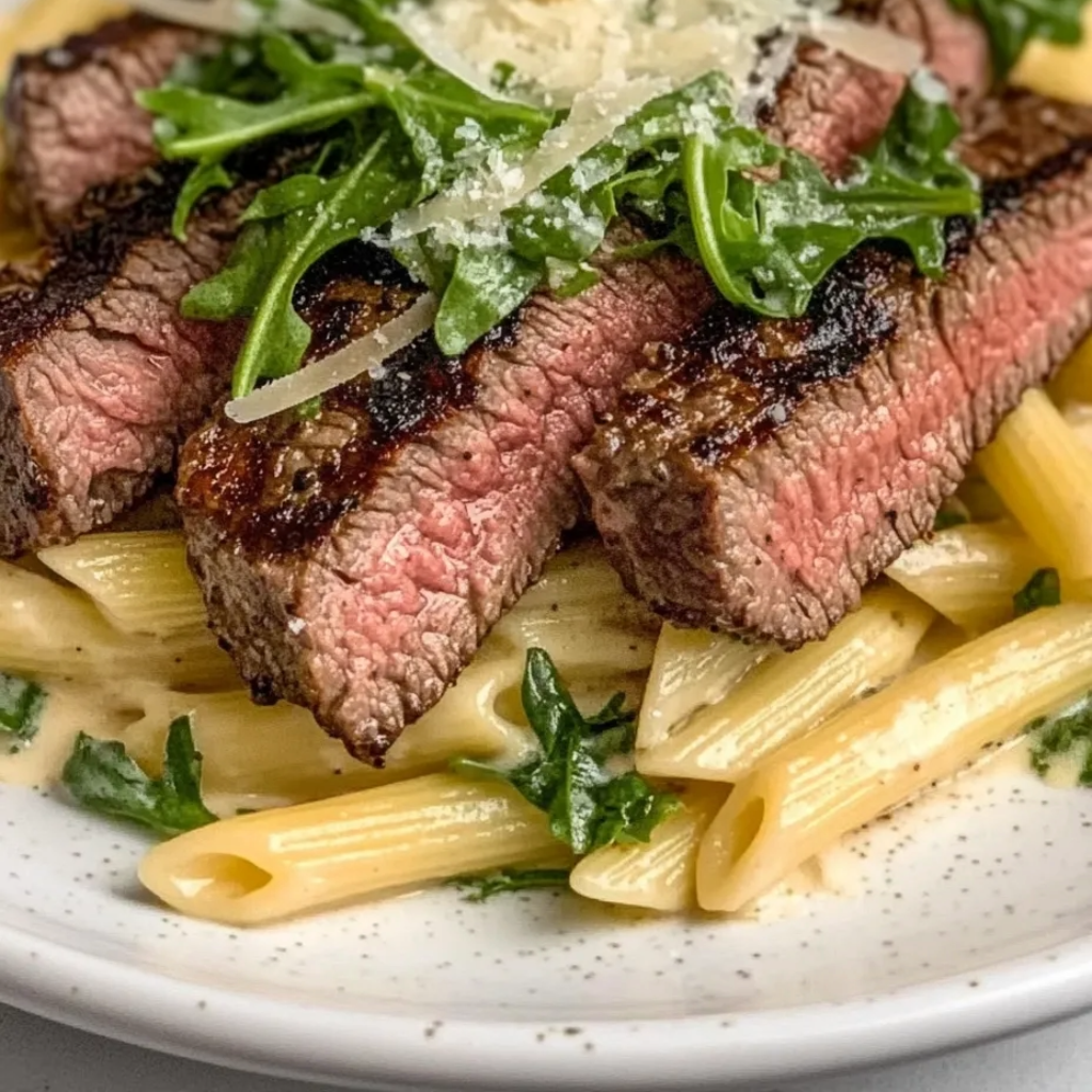 A plate of food with a piece of meat and pasta.