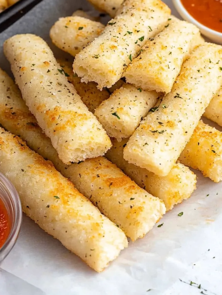 A plate of breadsticks with cheese and herbs on top.