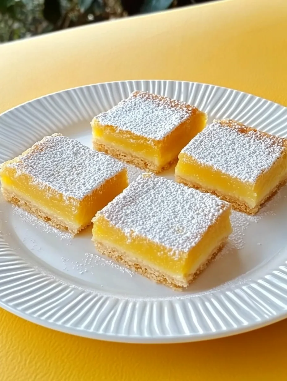 A plate with four pieces of yellow cake with white powder on top.