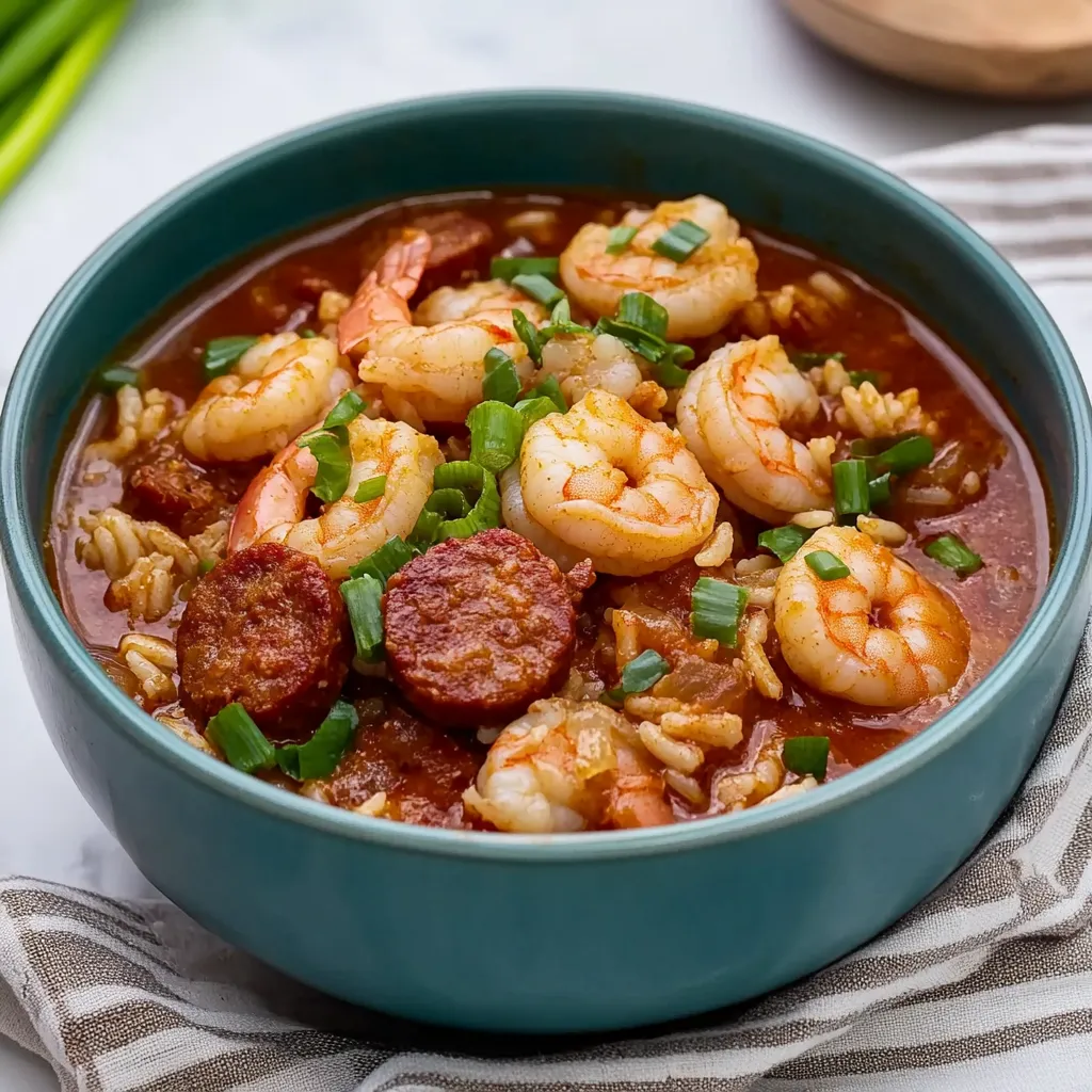 A bowl of shrimp and sausage gumbo sits on a table.