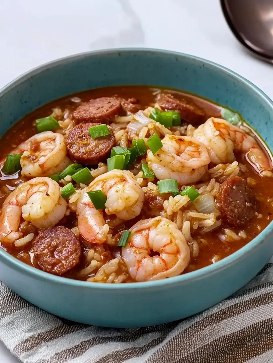 A bowl of shrimp and sausage gumbo sits on a table.