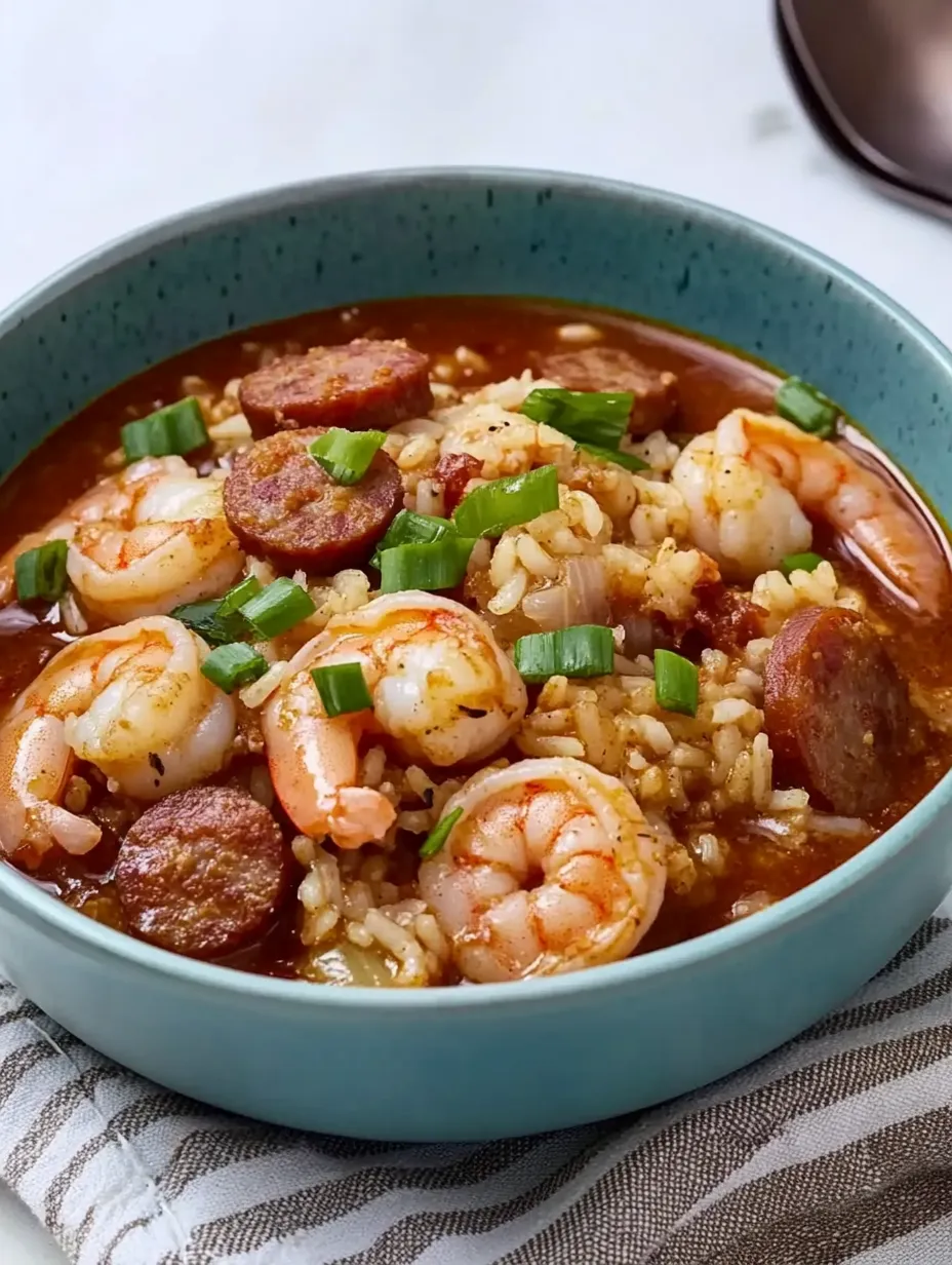 A bowl of rice with sausage and shrimp.