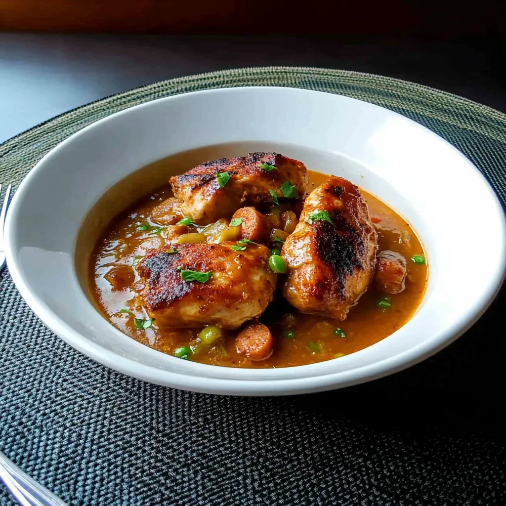 A plate of food with chicken and peas on a table.