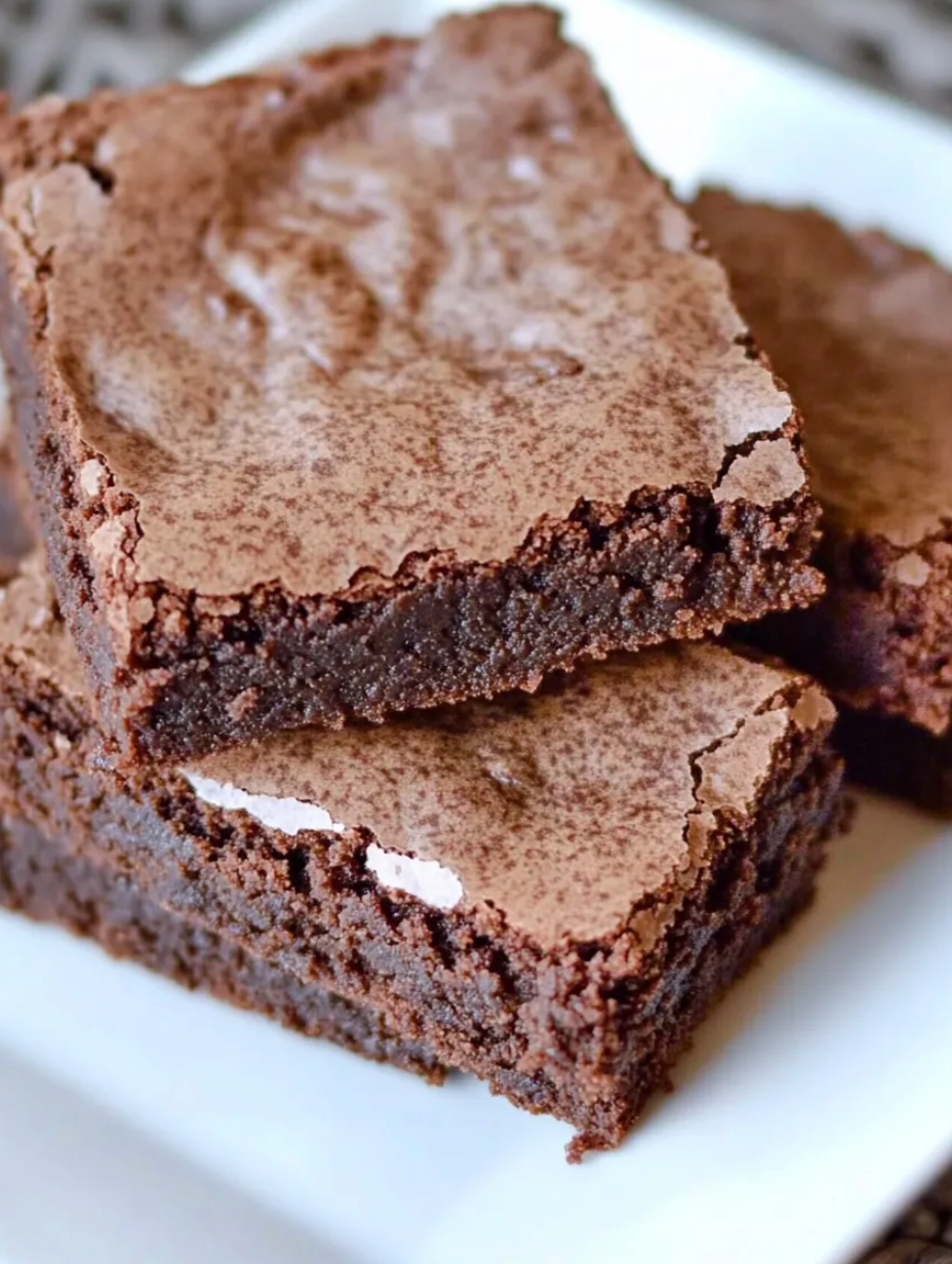 A square of chocolate brownie with white frosting on a plate.