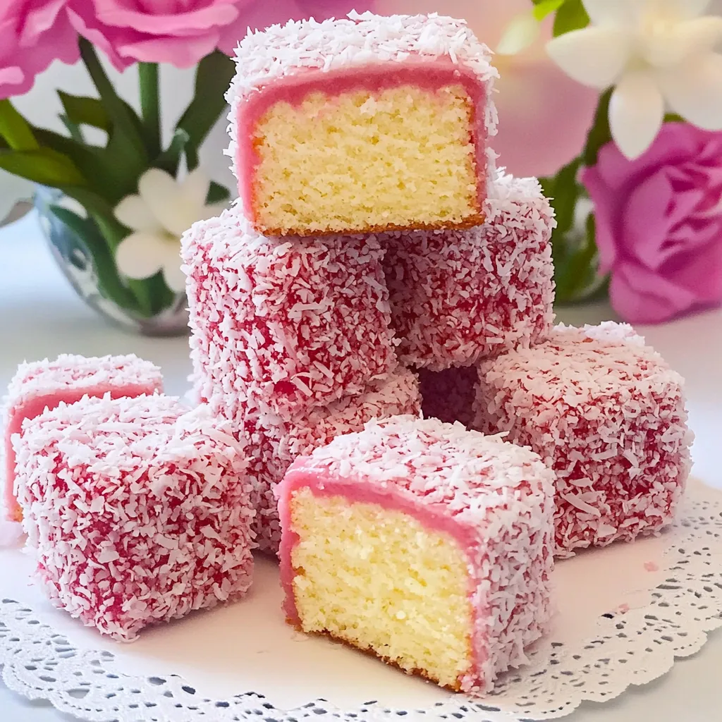 A stack of pink and white cake slices on a plate.