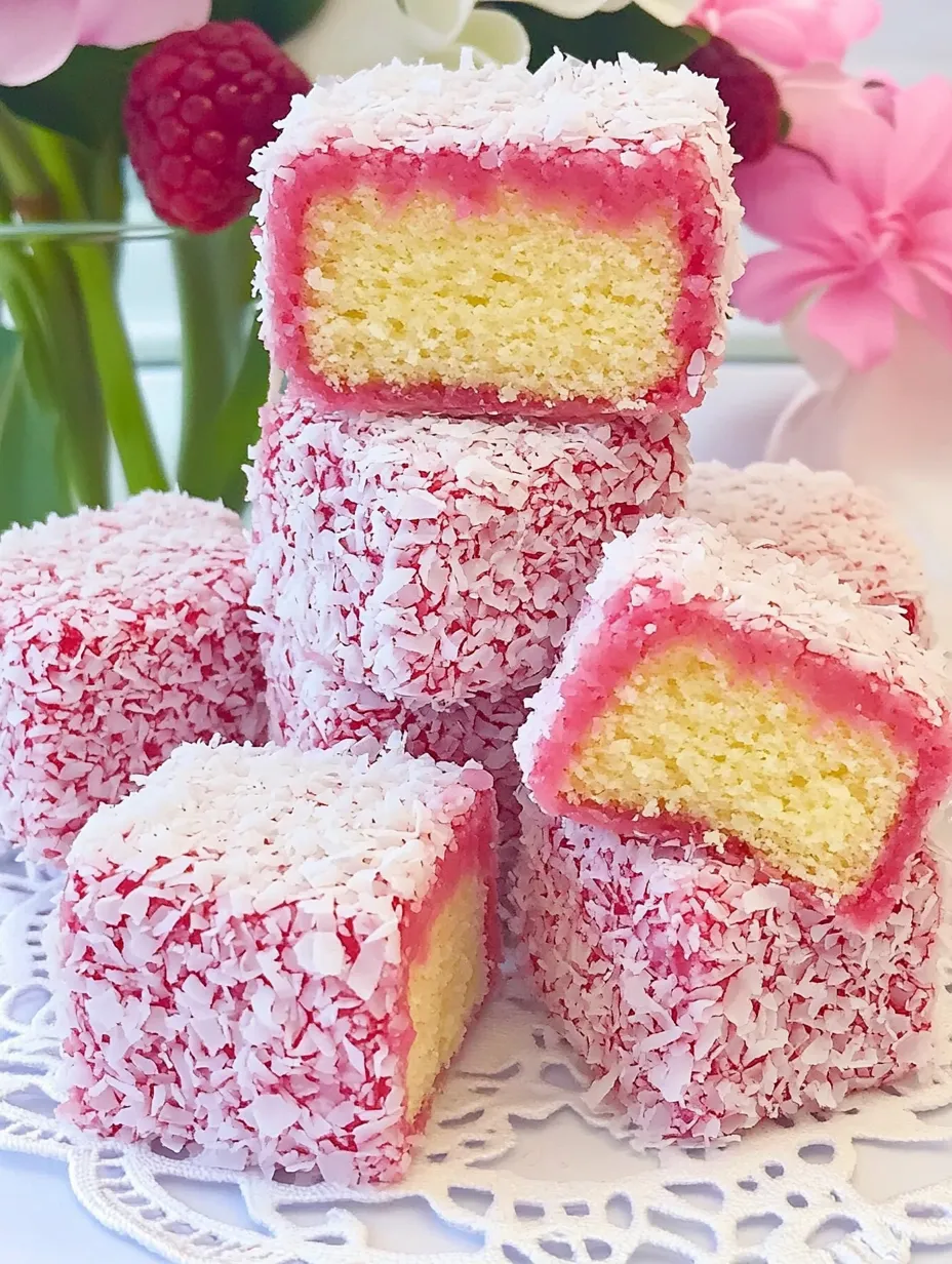 A stack of pink and white cake slices with a flower in the background.