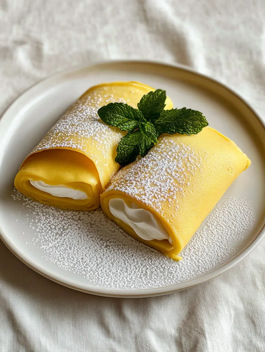 Two yellow crepes with white whipped cream and mint leaves on top.