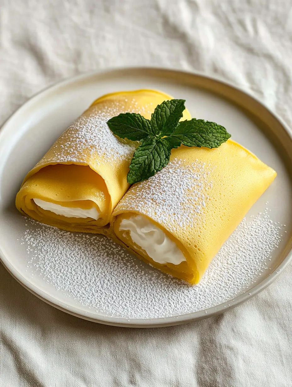 A yellow pastry with white powder on top, garnished with mint leaves.