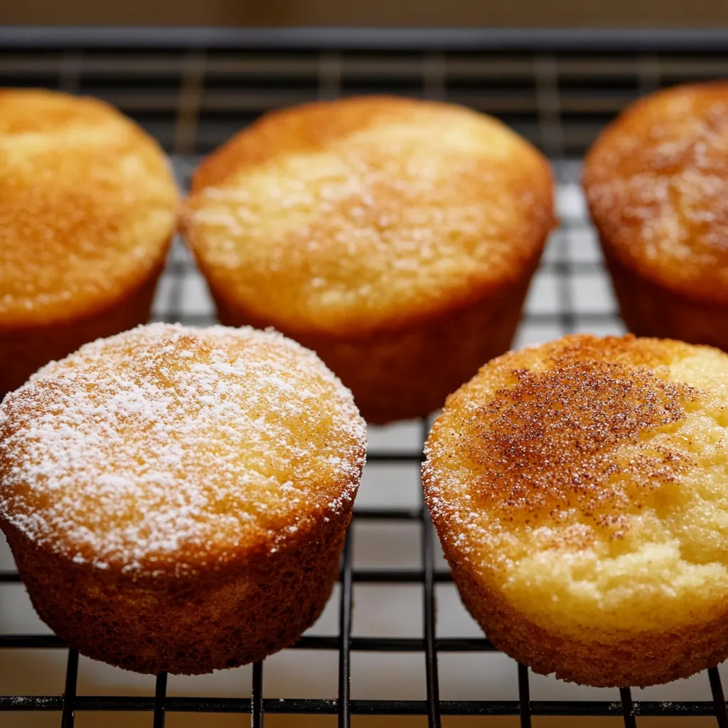 A tray of muffins with a sprinkle of powdered sugar on top.