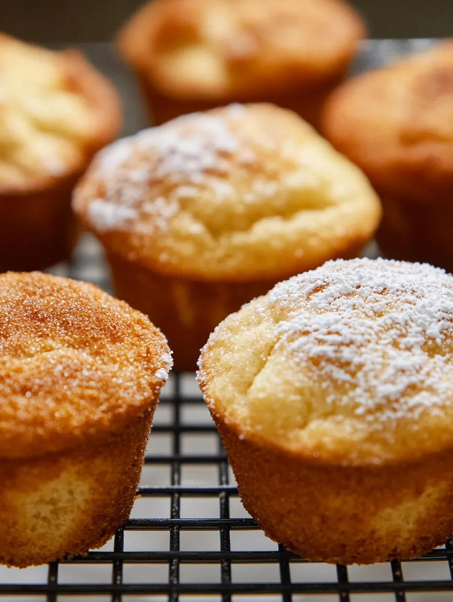 A tray of muffins with powdered sugar on top.