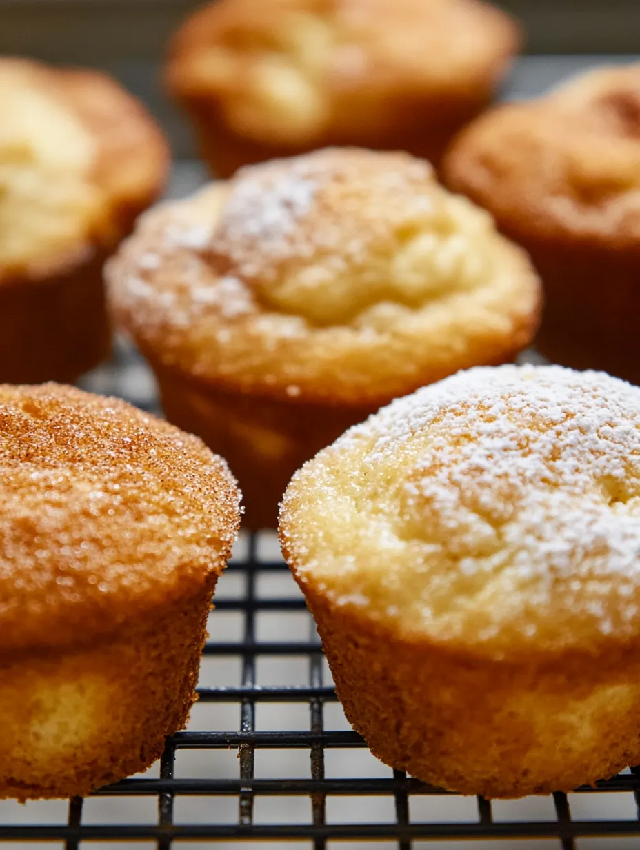 A tray of muffins with powdered sugar on top.