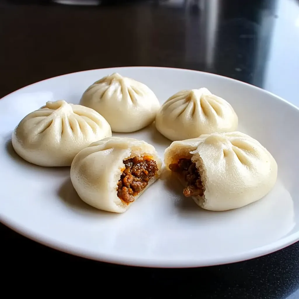 A plate of dumplings with meat filling and a sauce.