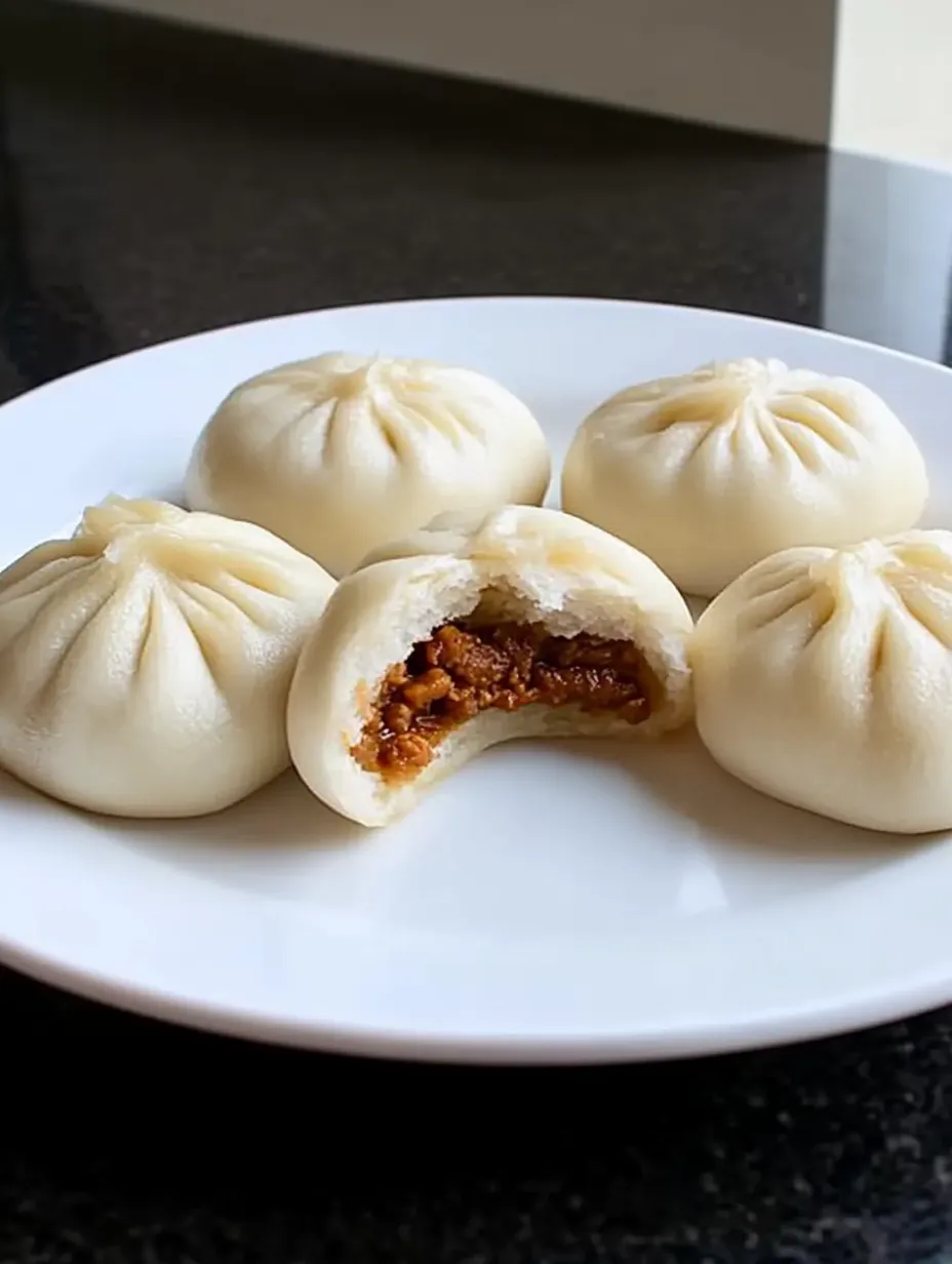 A plate of four steamed dumplings with a filling of meat and vegetables.