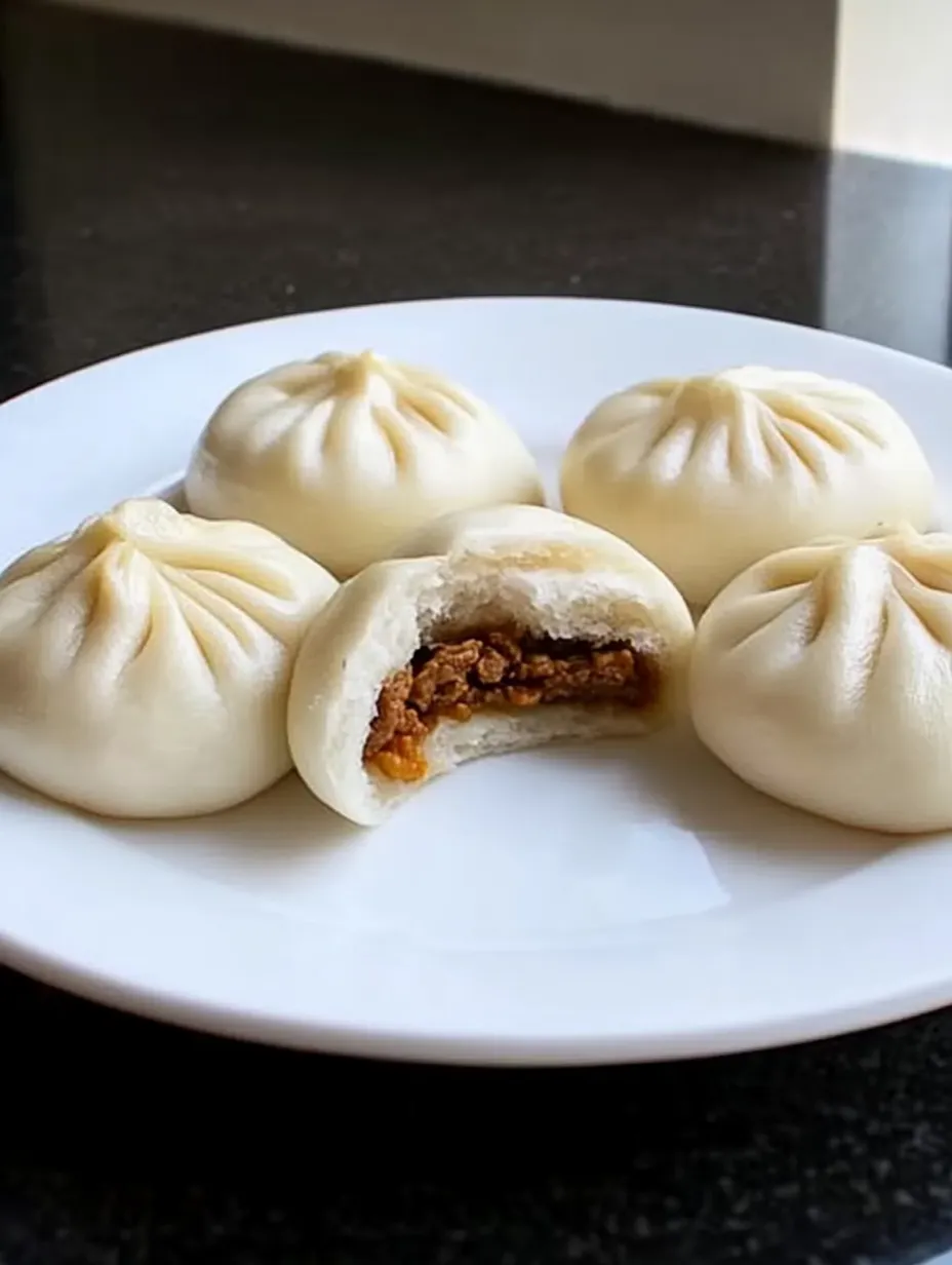 A plate of dumplings with a bite taken out of one.