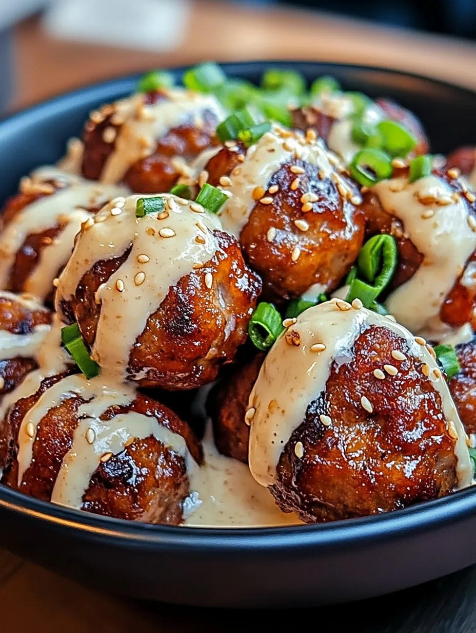 A bowl of meatballs covered in sauce, with a spoonful of sauce on top.