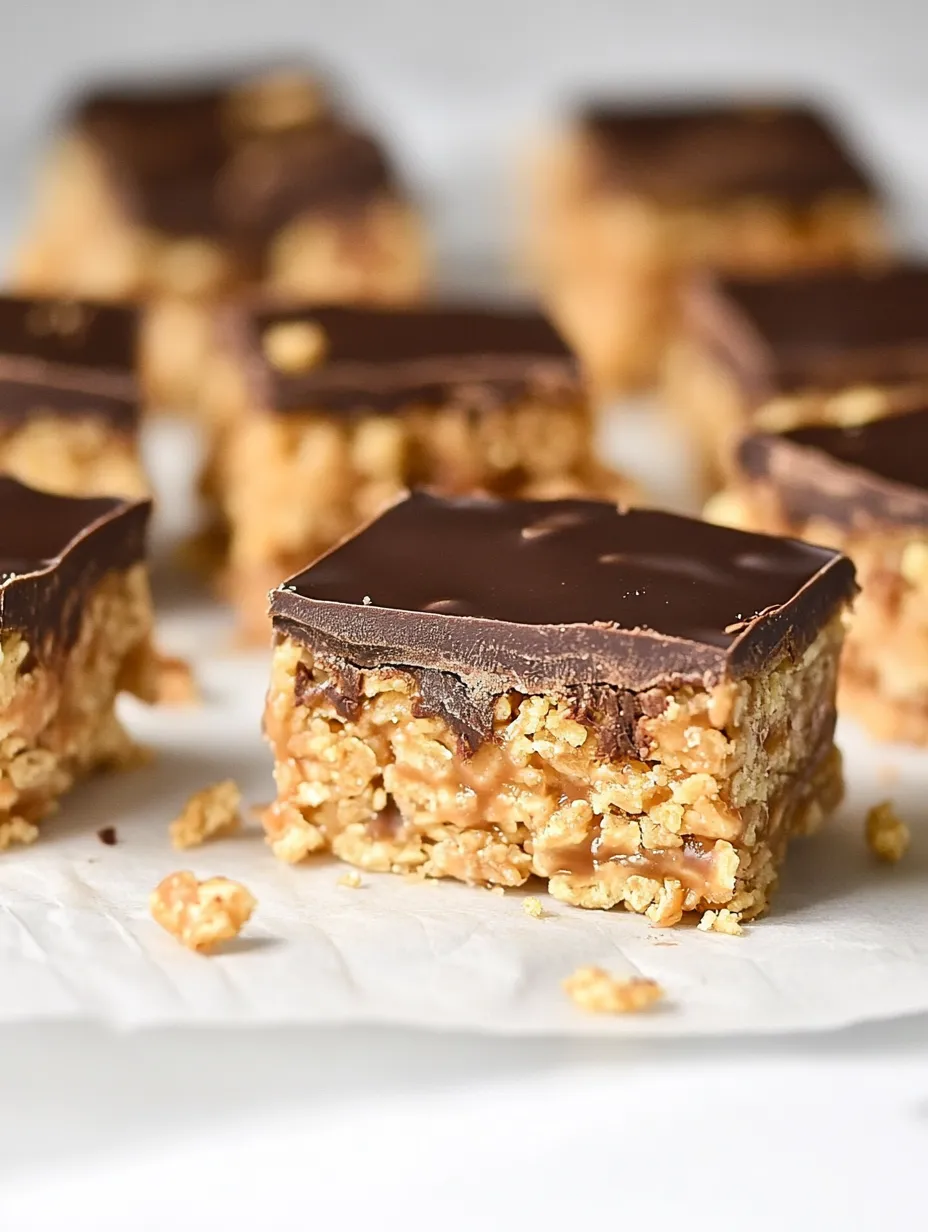 A close-up of a chocolate bar with peanut butter and cereal.