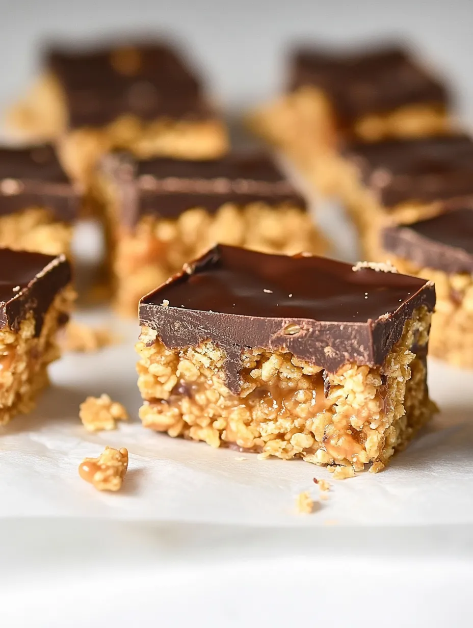 A square of chocolate and peanut butter candy on a white plate.