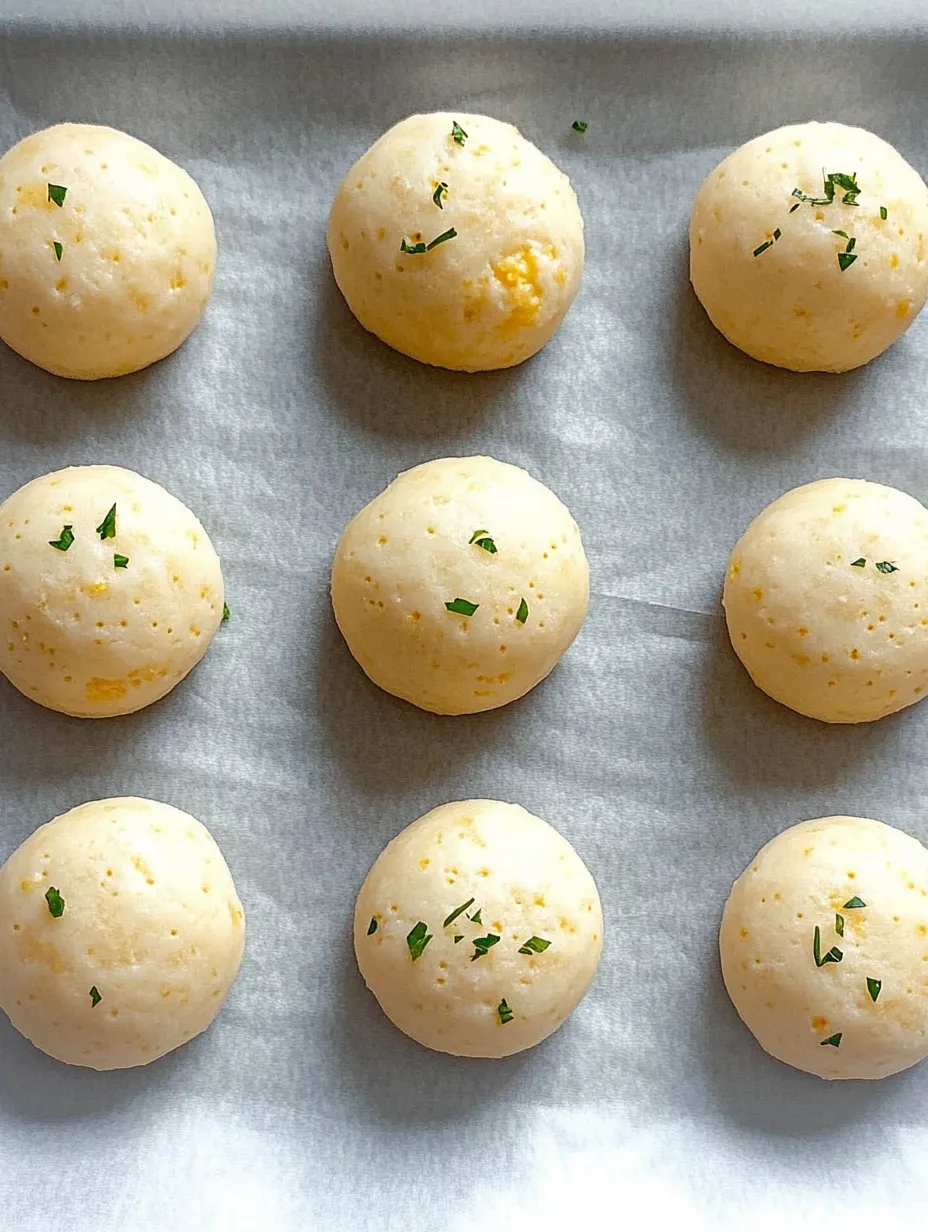 A row of six balls of dough with green herbs on top.