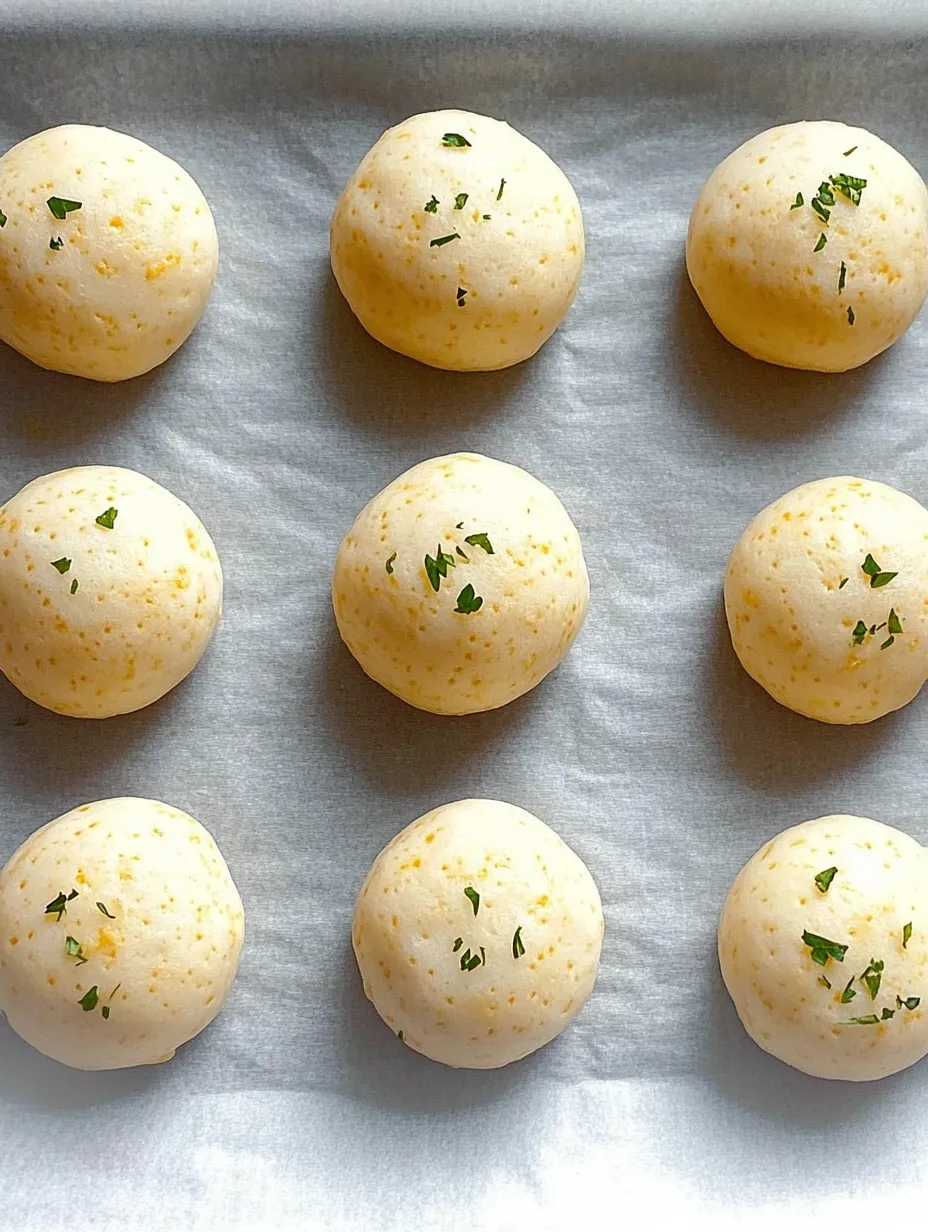 A row of six balls of dough with green herbs on top.