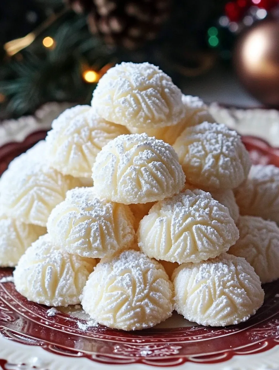 A stack of white powdered cookies on a plate.