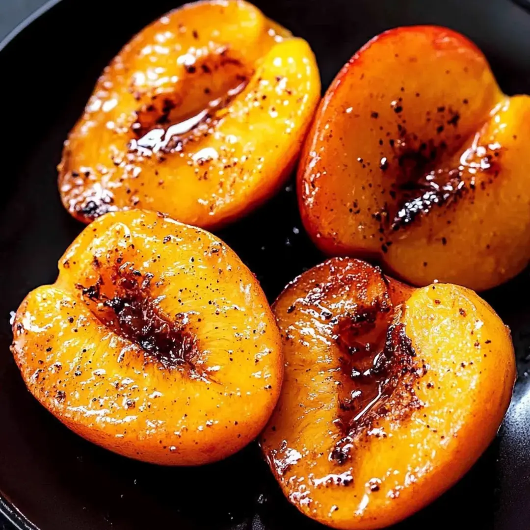 Four slices of peaches on a plate, with a black background.