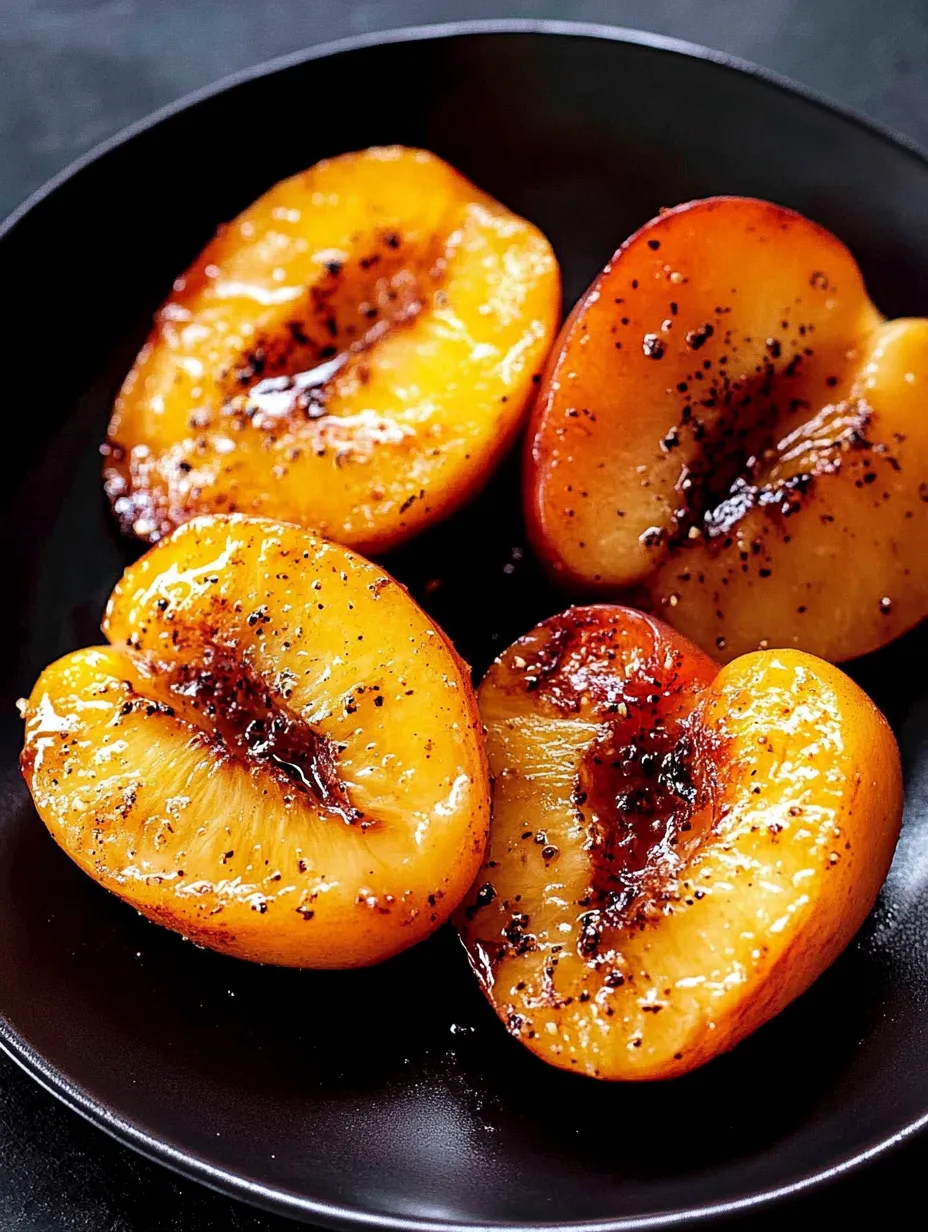 A plate of peaches with black seeds on top.