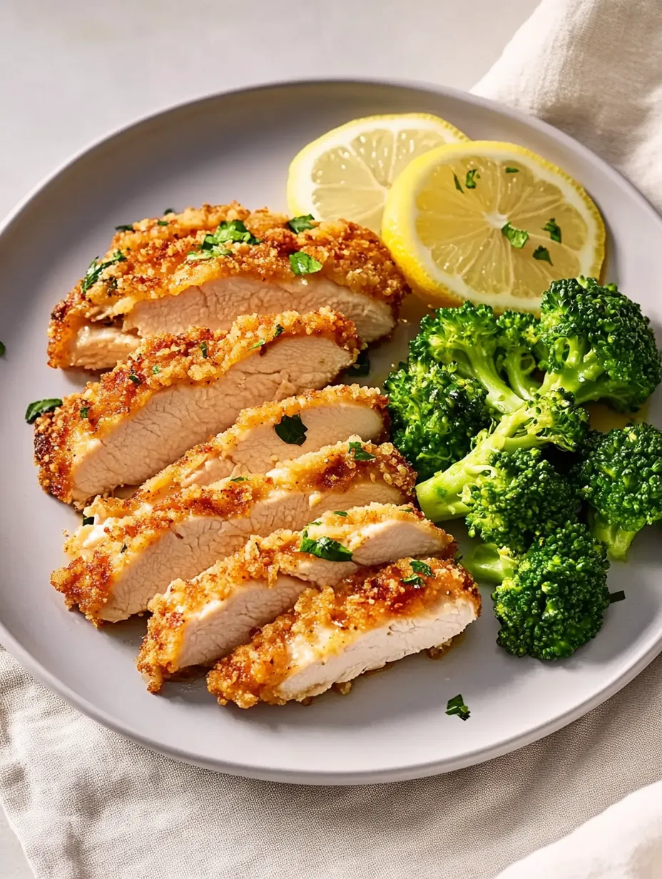 A plate of food with chicken, broccoli, and lemon wedges.