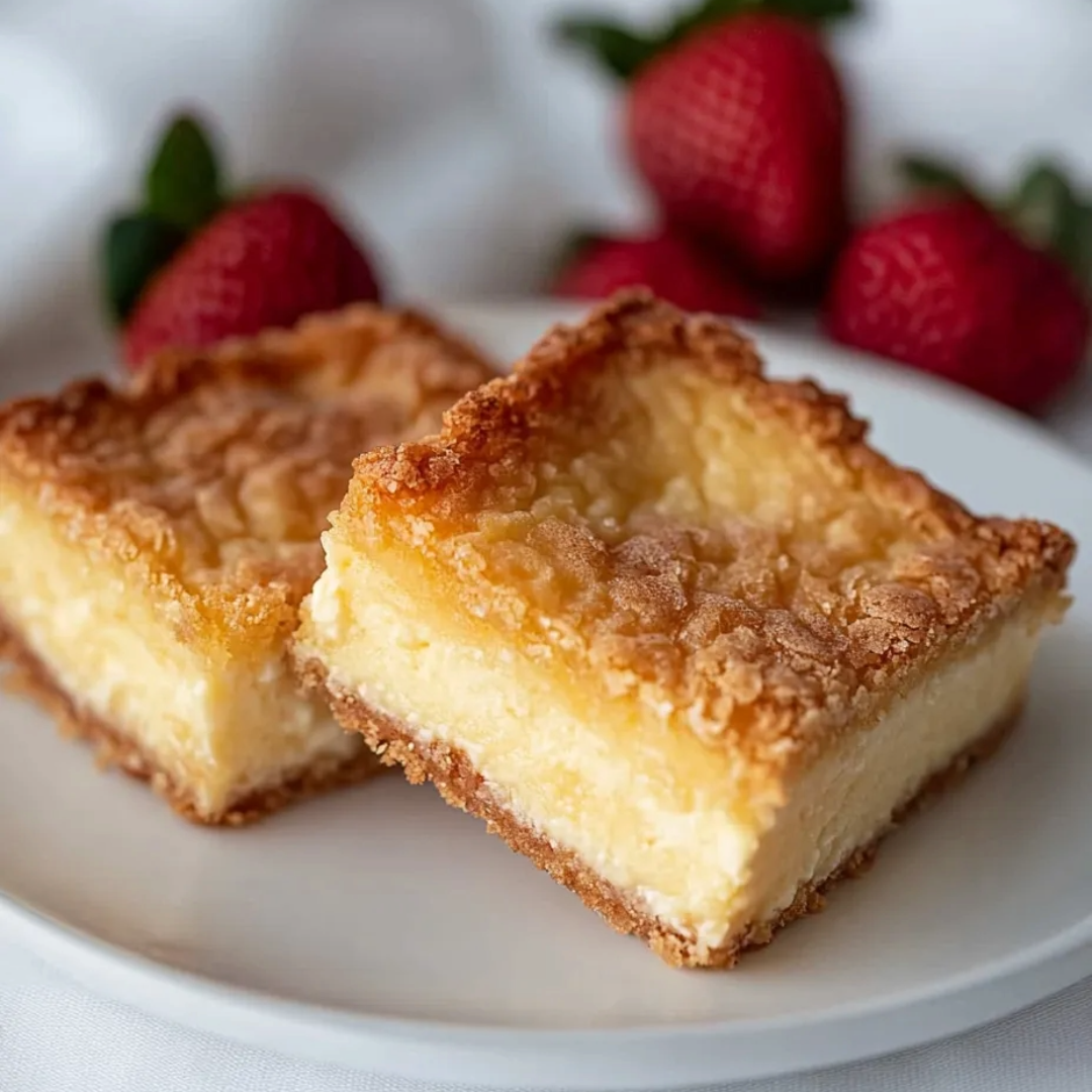 Two pieces of cake on a plate with strawberries in the background.