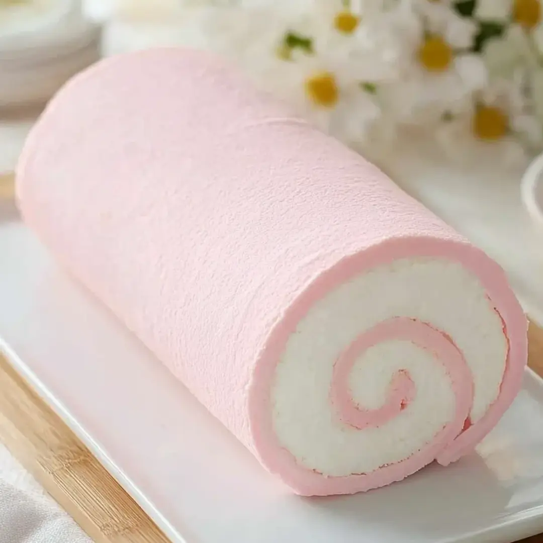 A pink cake roll with a white swirl on top.