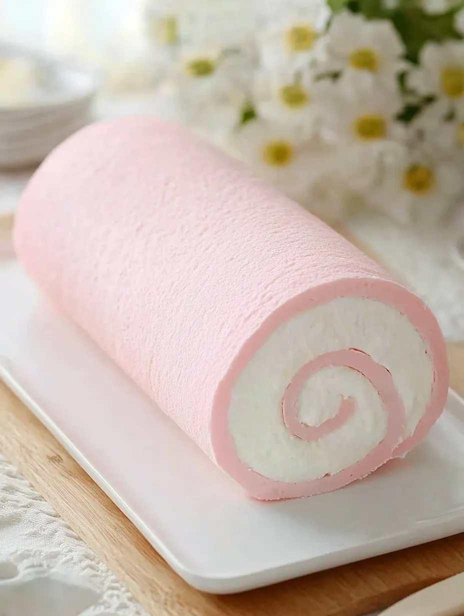 A pink cake roll with a swirl pattern on top.