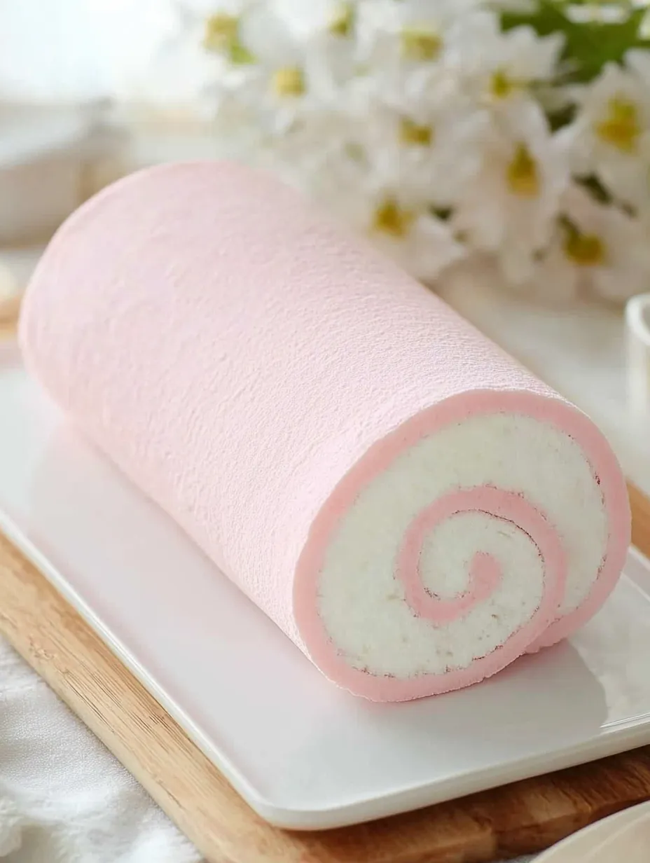 A pink roll of pastry with a swirl pattern on top.