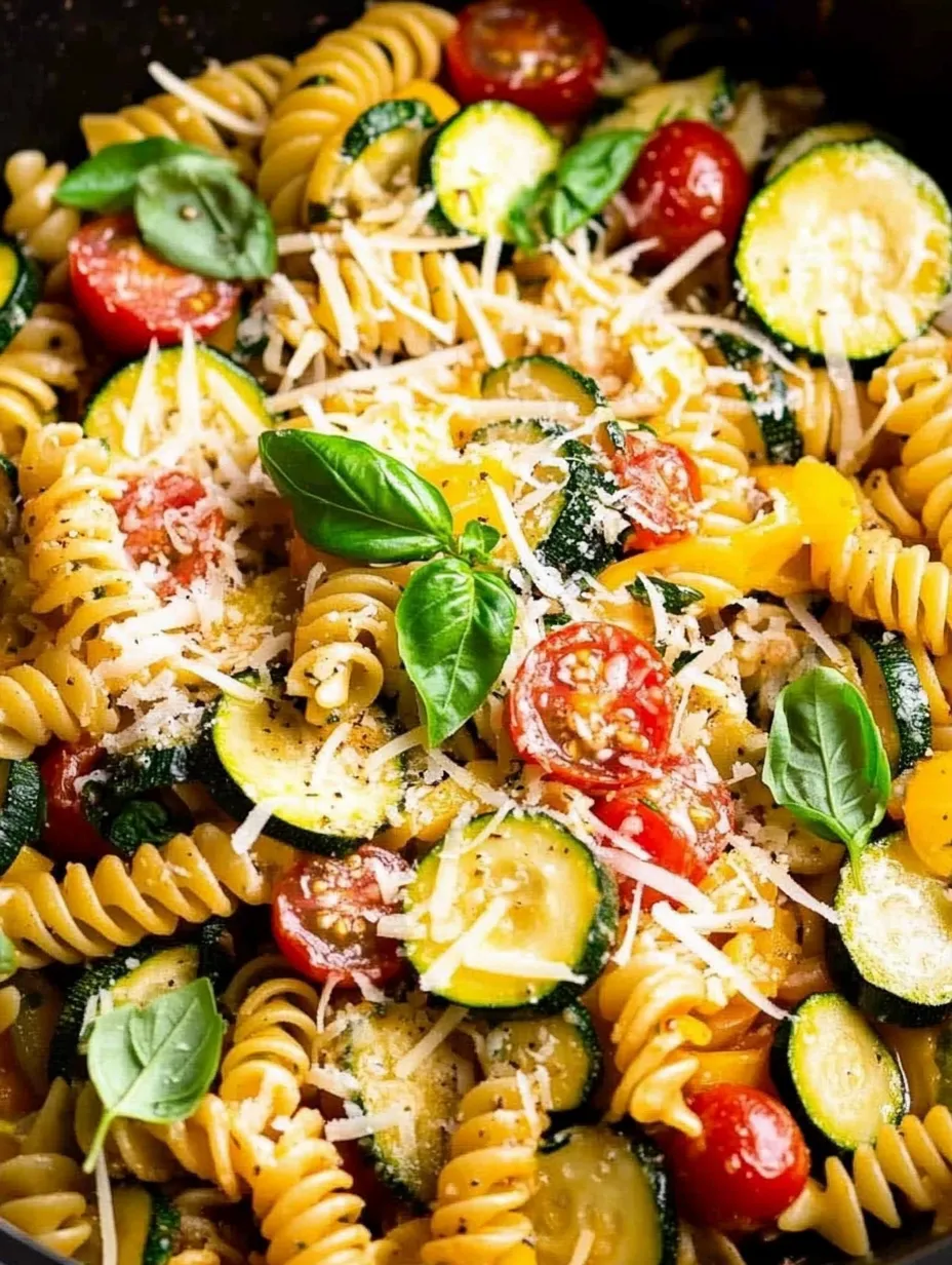 A delicious pasta dish with tomatoes, zucchini, and cheese.