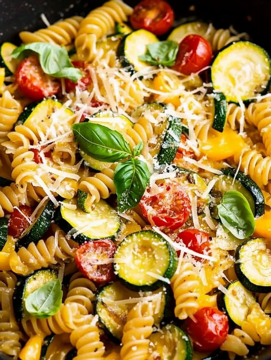 A delicious pasta dish with zucchini, tomatoes, and basil.