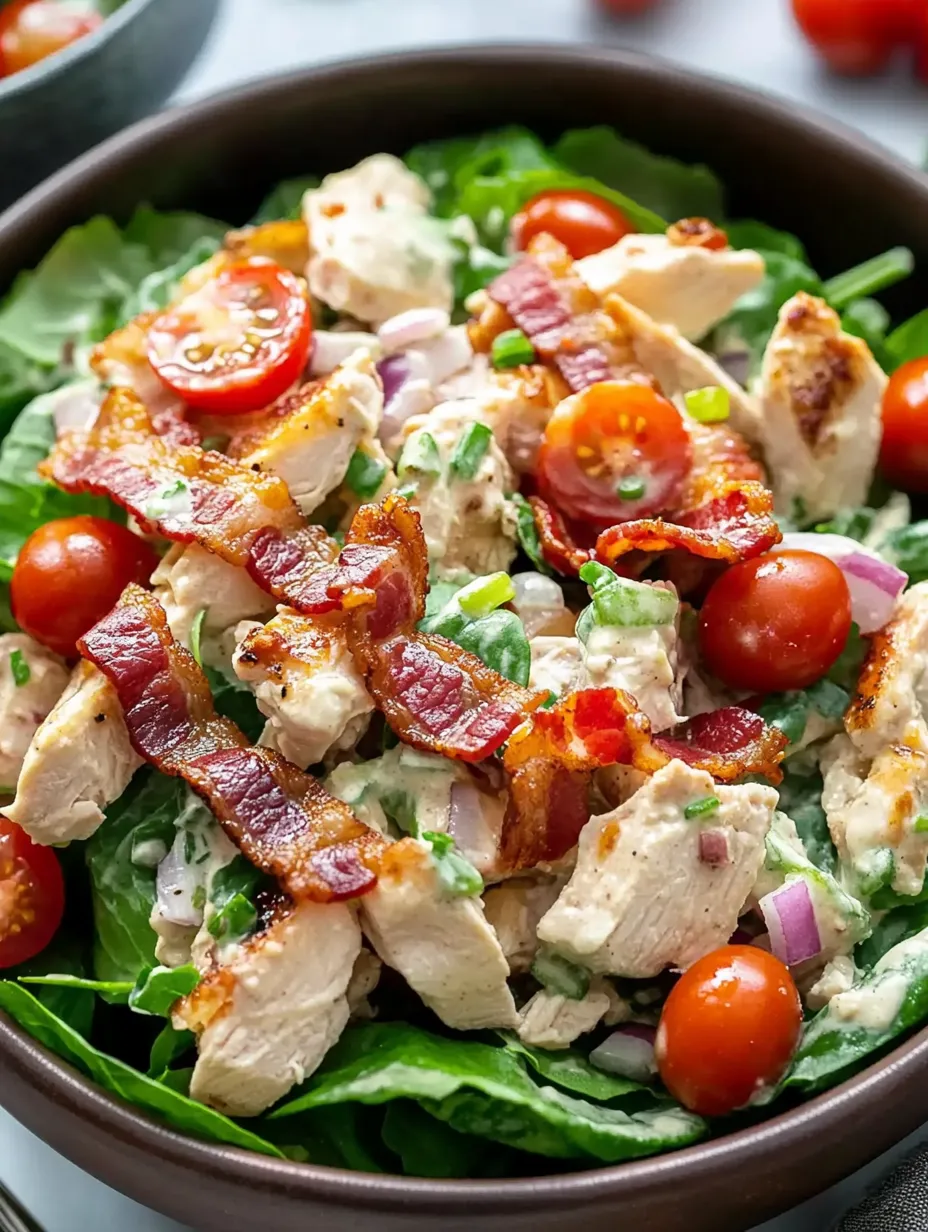 A bowl of chicken salad with bacon, tomatoes, and greens.