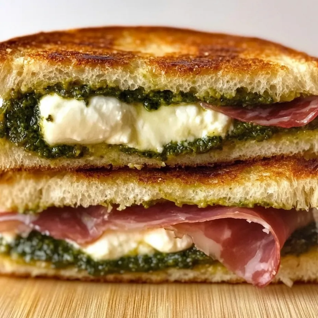 A sandwich with meat and cheese on a wooden table.