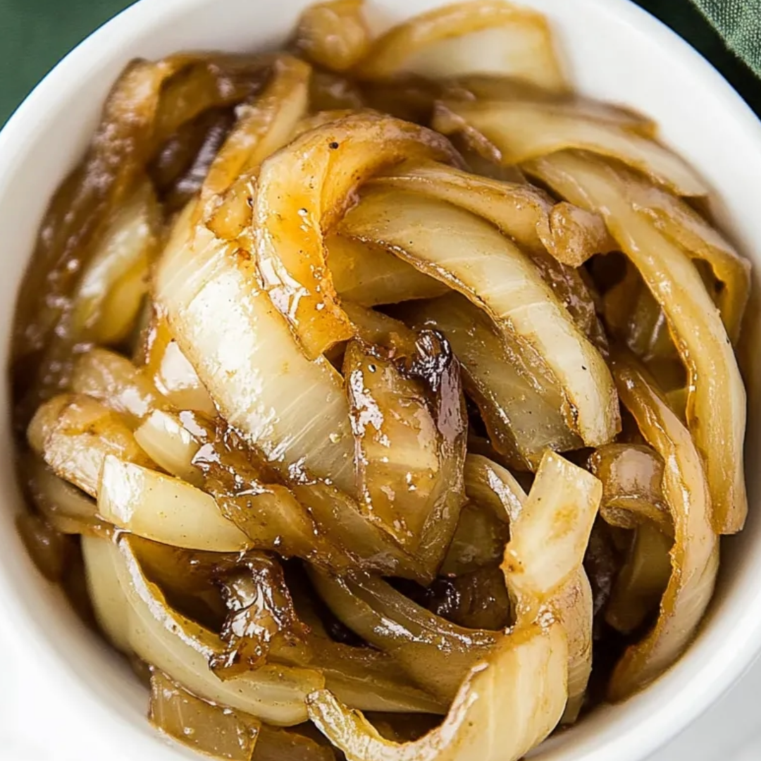 A bowl of onions in a brown sauce.