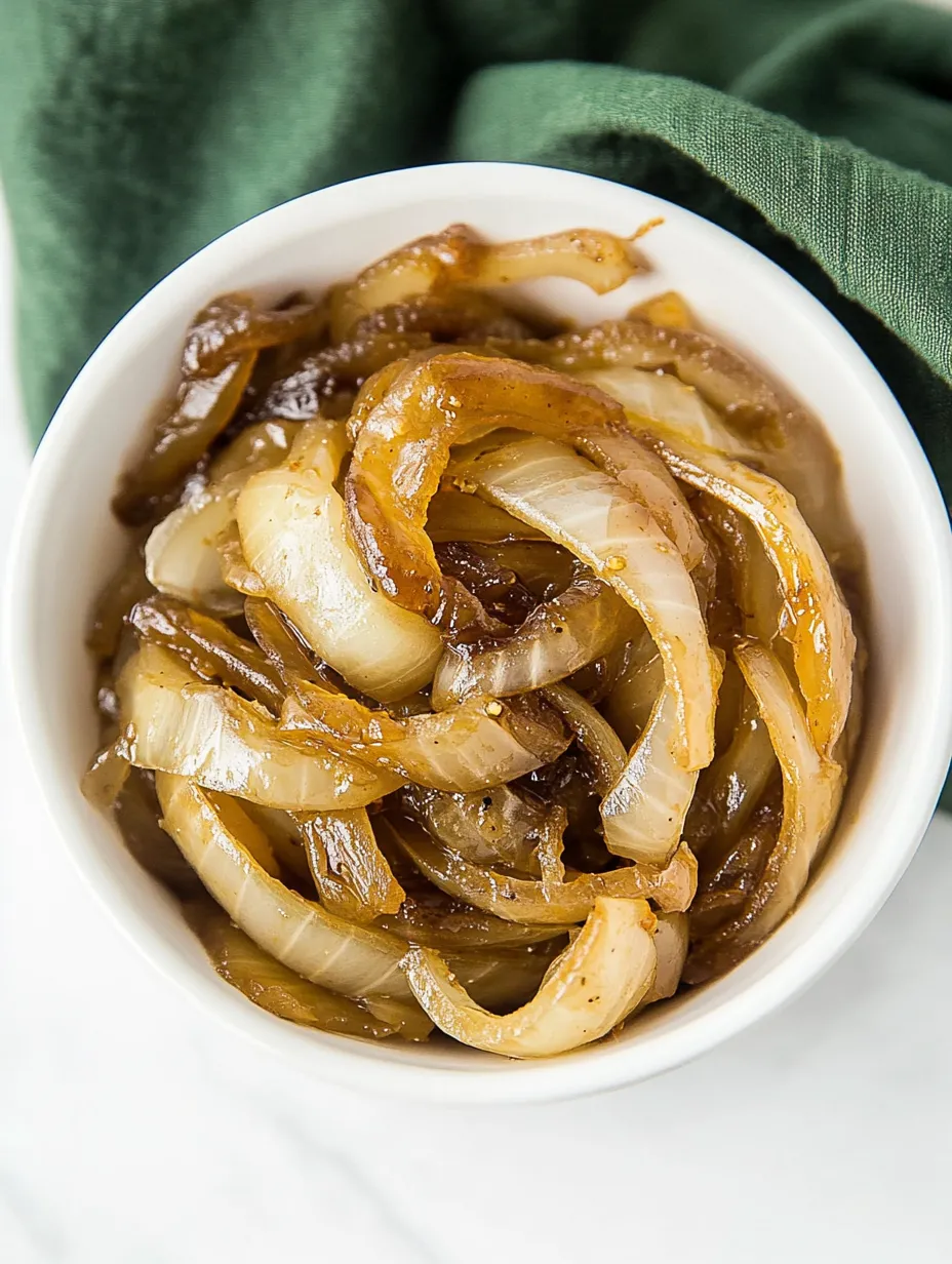 A bowl of onions with a sauce on top.
