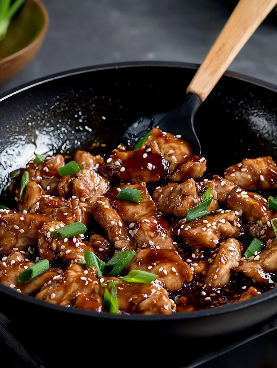 A bowl of chicken with a wooden spoon in it.