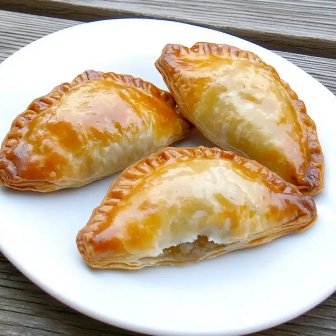 Four golden brown pastries are placed on a white plate.