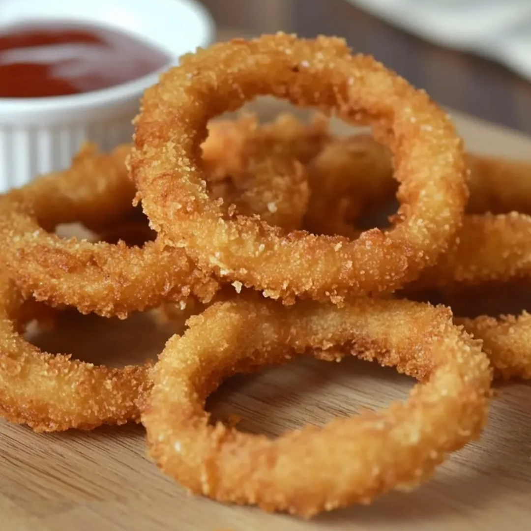 A plate of fried onion rings with a dipping sauce.