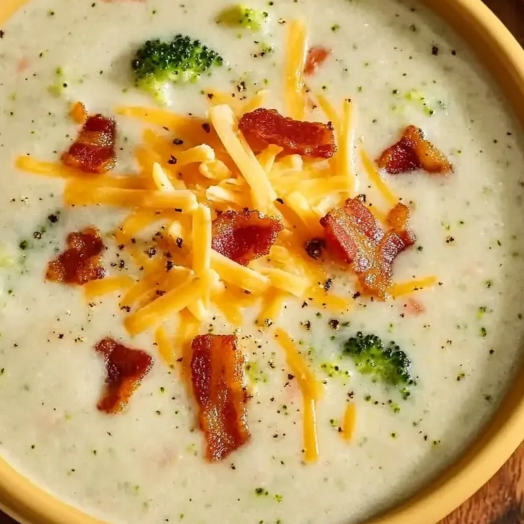 A bowl of soup with cheese and broccoli.