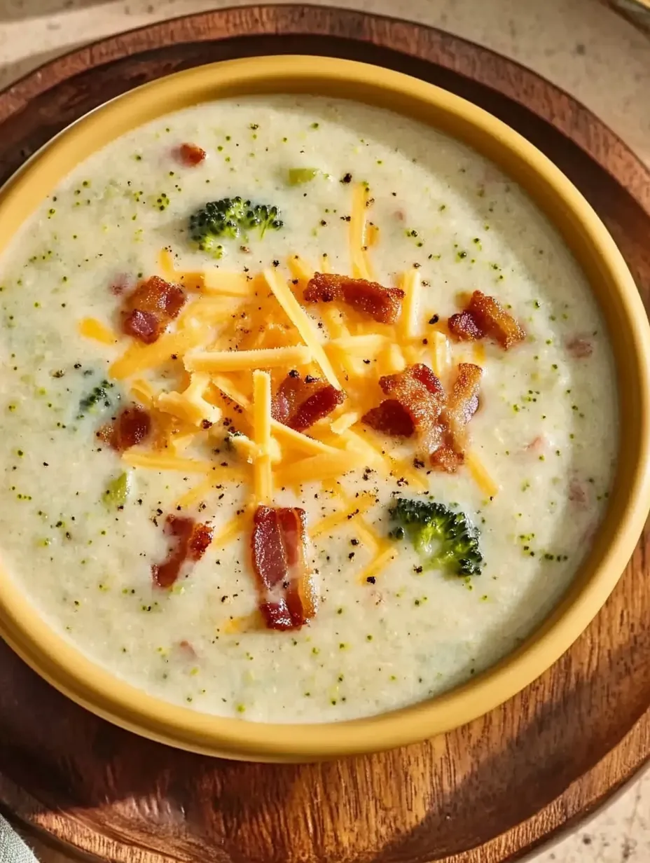 A bowl of soup with bacon and broccoli.